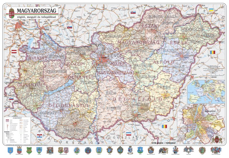 Magyarország régiói, megyéi, kistérségei és települései (1:575 000) (ívben), 100x70 cm Magyarország régiói, megyéi, kistérségei és települései (1:575 000) (ívben), 100x70 cm