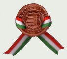 Kerámia kokárda Kossuth címerrel, nemzeti színű szalaggal és biztosító tűvel [Kokárda, nemzeti szalag]